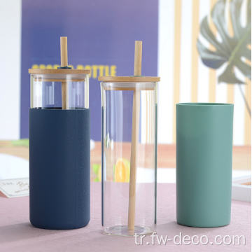 Bambu kapaklı silikon kol cam su bardağı